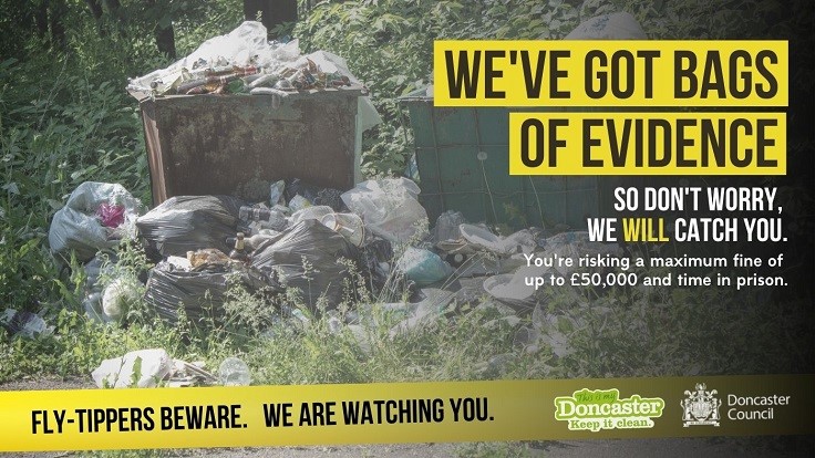 Fly-Tippers Beware Poster showing abandoned household waste